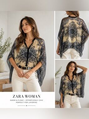 Zara Sheer Printed Kimono Blouse | Boho Flowy Chiffon Top |Neutral Black Beige